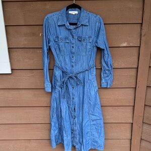 LOFT Blue Denim Long-Sleeve Shirt Dress with Tie Waist size 6P